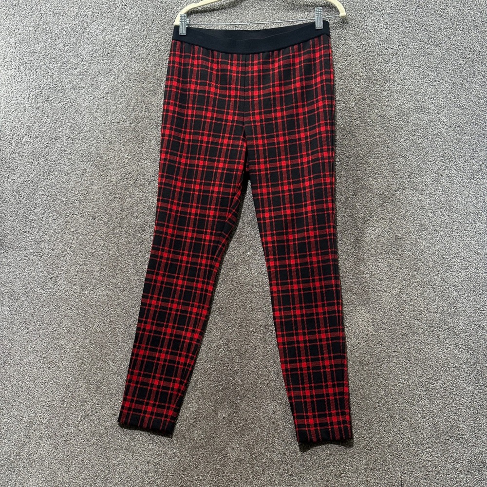 Talbots Womens Red Black Plaid Slim Leg Pull On Pants Size 10 Holiday Tartan